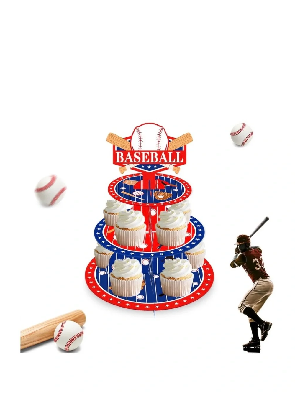NWT Baseball Theme  3 Tier Cupcake Stand Desserts Cookies Parties Birthdays etc